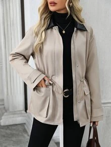 EMERY ROSE Jaket Trench Coat Kasual Serbaguna Motif Blok Warna untuk Wanita, Pakaian Musim Dingin untuk Wanita, Jaket Musim Dingin untuk Wanita - Khaki - View 3