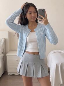 青少年女孩海軍藍針織星星開襟衫，冬季返校畢業短版毛衣，圓領長袖鈕扣休閒寬鬆秋季上衣 - 淺藍色 - 查看 4