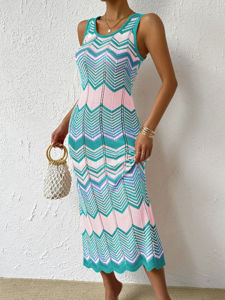Balvessa Vacation Beach Colorblock Striped Sleeveless Knit Dress - Multicolor - View 5