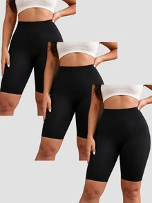 SHEIN Velisys 3 قطع طقم شورتات برمودا دراجة بدون خياطة مقاس كبير - الأسود - مشاهدة 3