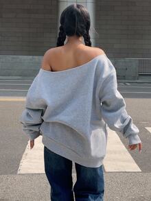 SHEIN EZwear 淺灰色女款露肩寬鬆休閒長袖衛衣，綠色調酒杯印花圖案，適合秋季 - 淺灰色 - 查看 4