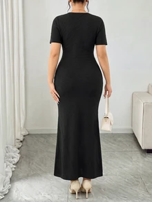 Modelyn Gaun Rajut Model Duyung Warna Polos Elegan Ukuran Plus - Hitam - View 2