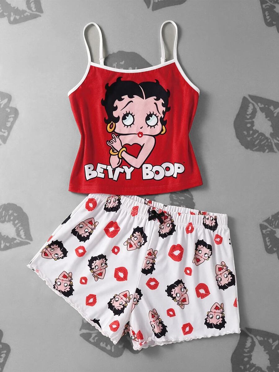 Betty Boop x SHEIN 女款卡通印花細肩帶背心與短褲睡衣套裝 - 紅白色 - 查看 1