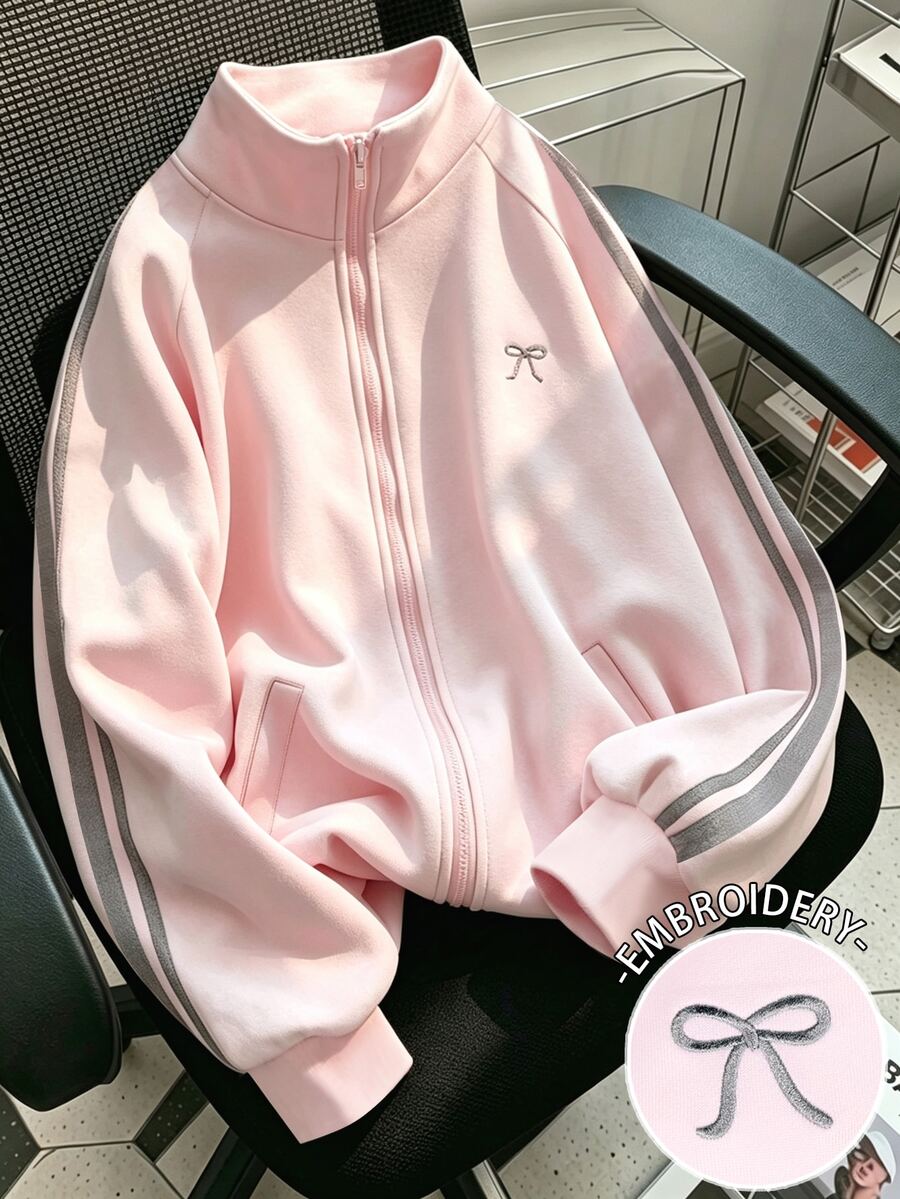 Resyla Stand Collar Sweatshirt Zip-Up Jacket, Bow Embroidery Jacket For Girls, Hot Item, Sister Outfits, Autumn And Winter Campus Casual Style - Multicolor - View 1