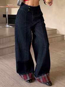 DAZY Women's Casual Plaid Patchwork Wide Leg Denim Jeans Fall - Dark Wash - View 1