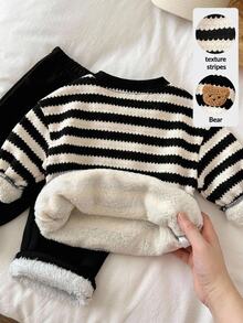 SHEIN 嬰兒男孩/女孩秋冬款黑白條紋圓領抓絨內裡加厚運動衫 - 黑與白 - 查看 2