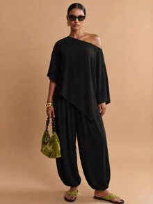 Zivah Women's Summer Solid Color Asymmetrical Shoulder Asymmetrical Hem Top And Jogger Pants Casual Set - Black - View 8