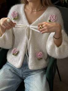 Livesso Women's Sweet Sequin 3D Flower Decor Knitted Cardigan Fall - White - View 1