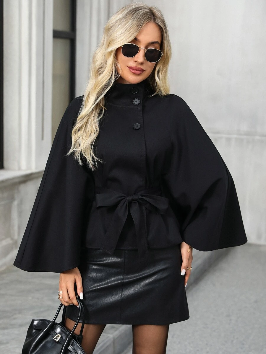 EMERY ROSE Women's Elegant French Commuter Cape Trench Coat Fall Clothes Winter Outfit Going Out Black - Black - View 1