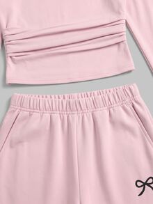 Sweetra Women's Pink 2 Pieces Sports Set, Bow Print Pleated Cropped Long Sleeve Top, Elastic Waist Split Hem Wide Leg Pants - Pink - View 4