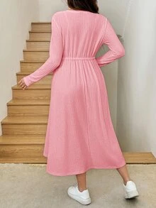 SHEIN Maternity Simple Textured Tie-Up Long Sleeve Dress Fall - Baby Pink - View 2