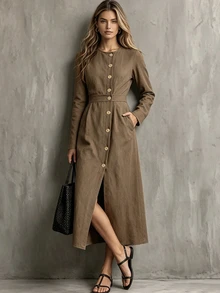 Glimmora Women's Early Autumn New French Elegant Commute Round Neck Button Design Slit Long Sleeve Waist-Cinching Slimming Long Dress - Brown - View 6