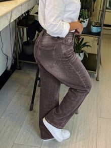 Slaydiva Celana Jeans Wanita Kasual Model Lebar dengan Motif Cuci - Coklat - View 3