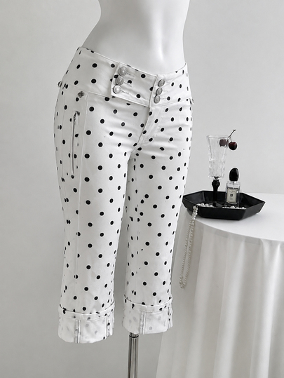 Flirla 6-Inch Women's Polka Dot Casual 70s Denim Skinny Pants Everyday High Tea White And Black Summer