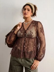 Freevana 女款蕾絲貝殼鈕扣透視襯衫 大尺碼寬鬆優雅休閒日常街頭出遊通勤度假 春夏女裝大尺碼襯衫 - 咖啡棕 - 查看 15