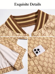 SOLERSUN Plus Size Women's Printed Baseball Jacket Short Zip-Up Jacket With Pocket Design Vintage Top Fall - Khaki - View 10
