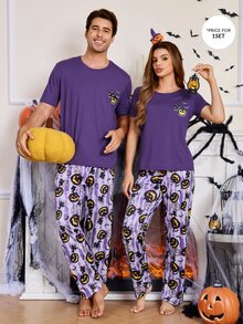 CoupledUp Halloween Pumpkin Print Men's Short Sleeve Long Pants Casual Pajama Set - Purple - View 4