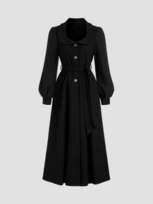 Elamini 女款秋季新款復古修身顯瘦休閒百搭時尚高端黑色大衣 - 黑色 - 查看 1