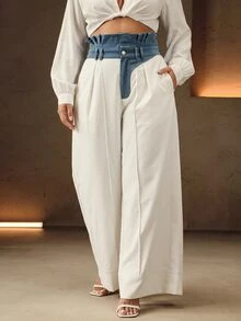 Anewsta Celana Jeans Denim Wanita Ukuran Plus dengan Motif Patchwork Biru & Putih, Pinggang Tinggi, dan Hem Berkerut, Cocok untuk Musim Semi/Panas, Kasual untuk Perjalanan Kantor/Komuter. - Putih - View 6