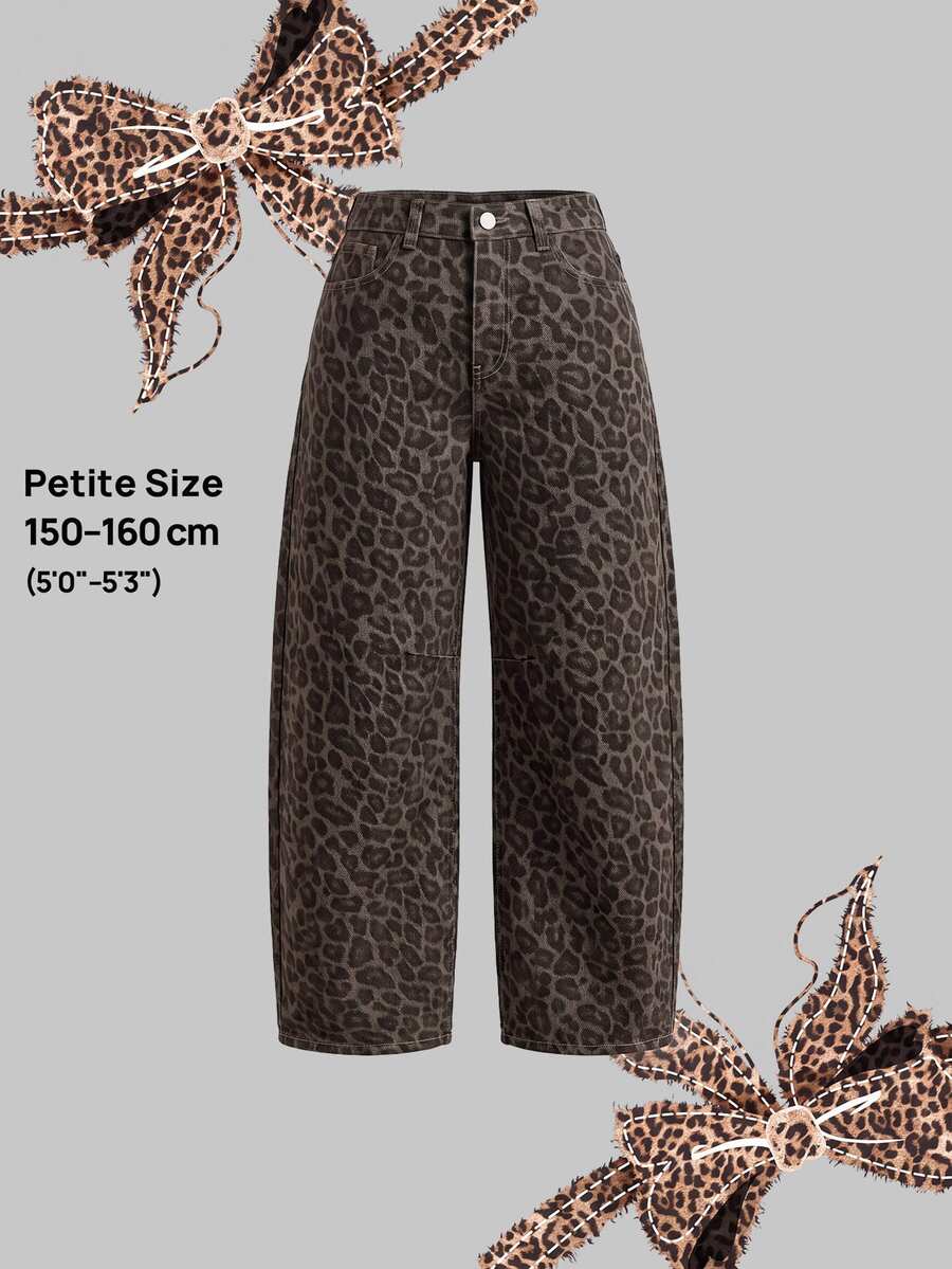 SHEIN PETITE 女款豹紋彎腿牛仔褲