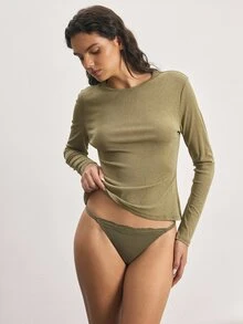 Ocili 3件組 多色 100%純棉舒適極簡雙面蕾絲細肩帶彈性女款三角內褲 時尚秋季款 - 墨綠色 - 查看 2
