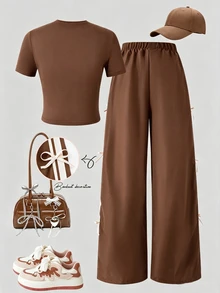 SHEIN Teen Girls 2pcs Polyester Round Neck Short Sleeve Long Regular Fit T-Shirt Set Fall Brown - Brown - View 2