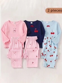Baby Girl Pink Ribbed Top & Ribbed Bunny Print Pants Set, Loungewear - Pink - View 7