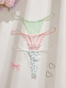 SHEIN 3件組女款前綴蝴蝶結蕾絲拼接花卉圖案丁字褲 - 彩色 - 查看 2