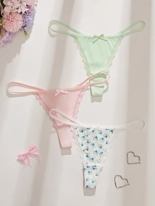 SHEIN 3件組女款前綴蝴蝶結蕾絲拼接花卉圖案丁字褲 - 彩色 - 查看 3