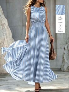 SHEIN 女款收腰條紋圓領無袖度假洋裝 - 藍色 - 查看 1
