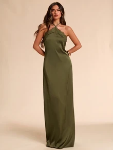 SHEIN BAE 春夏純色咖啡棕蕾絲掛脖緞面垂墜洋裝，浪漫約會、海灘度假、婚禮雞尾酒洋裝 - 軍綠色 - 查看 5