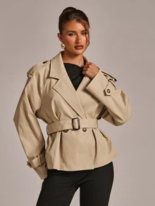 SHEIN BAE Women's Autumn/Winter Fashion Versatile Solid Color Commuter Lapel Open Front Same Fabric Color Belt Waist Cinched Short Trench Coat Jacket - Khaki - View 6
