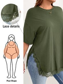 Shapeblank 大尺碼夏季休閒蕾絲拼接側開衩T恤 - 軍綠色 - 查看 1