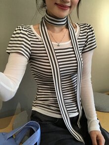 DAZY Women's Striped Short Sleeve Tie-Front T-Shirt - Grey - View 6