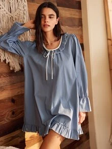 Lullawish Vestido de Loungewear Feminino Boêmio com Babados, Patchwork, Confortável, Mistura de Algodão, Caimento Solto - Azul Empoeirado - Visão 3