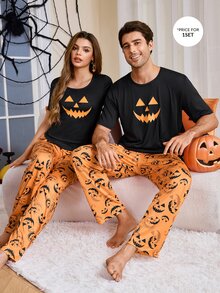 CoupledUp طقم بيجامة كاجوال رجالي بطبعة اليقطين للهالوين بأكمام قصيرة وبنطال طويل - الأسود - مشاهدة 5