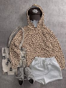 SHEIN EZwear 女款豹紋休閒百搭日常穿著連帽衛衣 - 彩色 - 查看 2