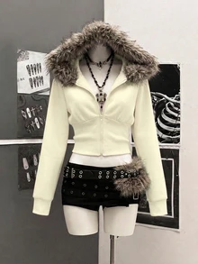 StreetHx 女款街頭風秋季連帽毛領修身長袖夾克外套 - 杏色 - 查看 1