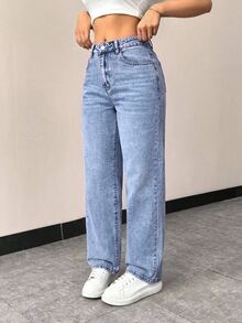 SHEIN EZwear 女款休閒百搭修身直筒牛仔褲，附口袋 - 藍色 - 查看 2