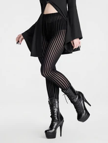 Breakform Gothic Halloween Women's Vertical Striped Sheer Mesh Textured Slim Fit Bodycon Dark Style Elastic Leggings - Black - View 5