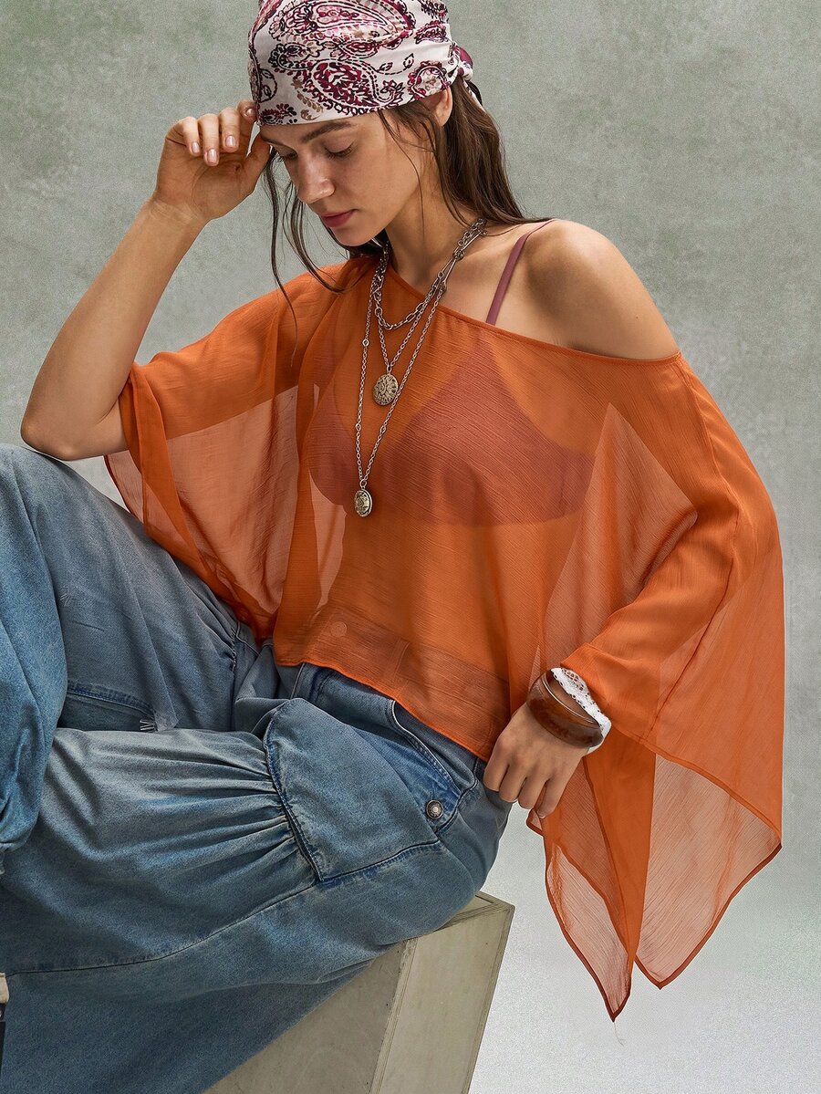 Bohemela Women's Solid Color Sheer Vacation Top For Beach - Orange - View 1