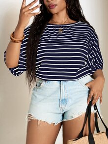 SHEIN PETITE CURVE Women's Fashionable Casual Modest Navy Blue Stripe Short Sleeve Bodysuit Beach Vacation Summer - Multicolor - View 5