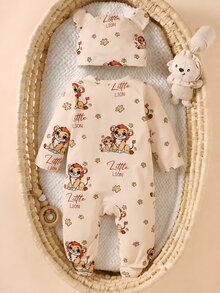 SHEIN 2件組新生兒中性長袖卡通獅子印花連身衣，適合春夏秋冬日常穿著 - 杏色 - 查看 2