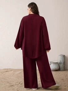 SHEIN Essnce 大尺碼秋季休閒純色襯衫與長褲兩件套 - 酒紅色 - 查看 2