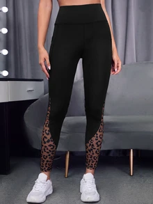 SHEIN Sports 豹紋拼接高腰運動緊身褲（附口袋） - 彩色 - 查看 4