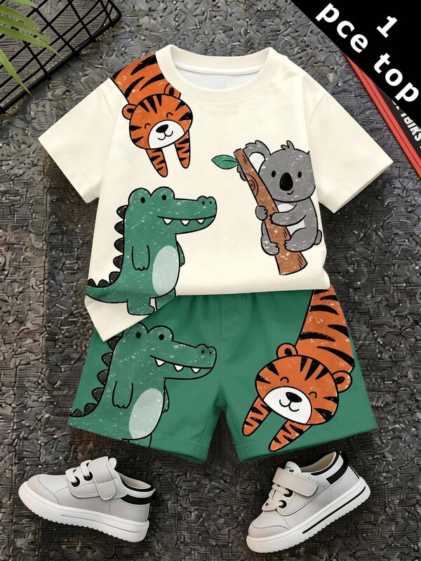 Top Casual Minimalista para Bebê Menino, Adequada para Primavera e Verão, Festa Clássica Fofa de Desenho Animado Feito à Mão, Tigre, Crocodilo, Preguiça, Estampa de Padrão de Desenho Animado Fofo Feito à Mão com Giz de Cera