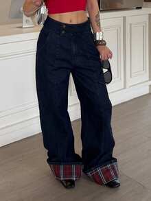 DAZY Women's Casual Plaid Patchwork Wide Leg Denim Jeans Fall - Dark Wash - View 3