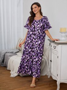 Serenescape Bubble Crinkle Ruffle Trim Leaf Print Long Nightgown Lounge Sleep Dark Purple Summer Casual Cute - Black - View 7