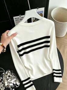 Resyla Women's Striped Regular Round Neck Fitted Long Sleeve Sweater - Black and White - View 2