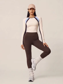 SHEIN BAE Women's Colorblock Raglan Long Sleeve Casual Fitness Sports T-Shirt - Coffee Brown - View 4